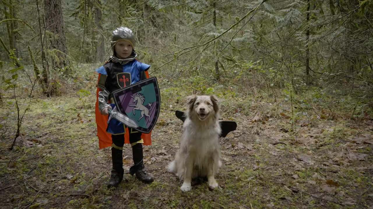 Image of a boy dressed as a knight holding a play sword and shield. Next to him sits his dog with dragon wings on.