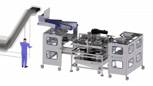The trajectory mixer from hs-tumbler is presented as a graphic with man standing and conveyor belt to the left