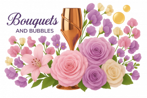 Logo illustration: a copper champagne flute framed by pastel blooms—pink roses, cream lilies, lavender sweet peas—with two gold bubbles rising. Elegant purple script reads “Bouquets” above block text “AND BUBBLES,” unifying floral joy and celebratory sparkle.