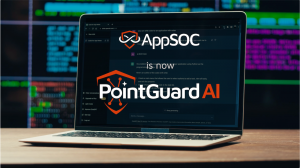Image of a laptop and AI graphics showing that AppSOC has been rebranded as PointGuard AI