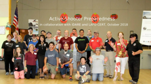 Nicky Dare with LAFD CERT participants during community active shooter preparedness and trauma response training in Los Angeles.