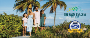 A happy family walking hand-in-hand on a beach, surrounded by palm trees and lush greenery, enjoying their time together in Florida.