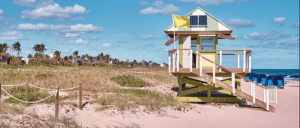 Colorful lifeguard tower on a sandy beach, surrounded by palm trees and grassy dunes, under a bright blue sky with fluffy clouds.