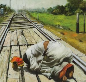Oil on canvas by Bikash Bhattacharjee (Indian, 1940-2006), titled Worshipper (1982), signed and dated lower right, titled on reverse, 40 inches by 42 inches. Estimate: $80,000-$120,000