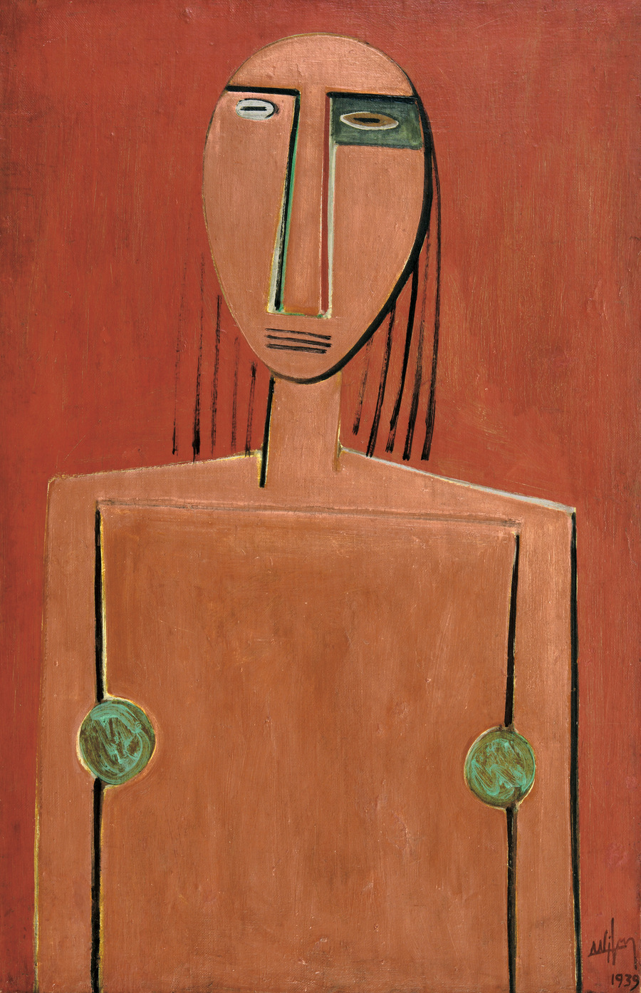 Oil on canvas by Wilfredo Lam (Cuban, 1902-1982), titled Personnage N. 2 (1939), signed and dated, 36 ½ inches by 23 ½ inches. Estimate: $100,000-$150,000