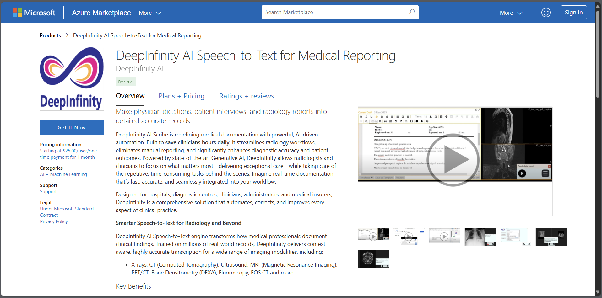 Image shows the availablity of DeepInfinity services in Azure Market Place