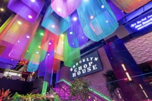  Brooklyn Chop House restaurant interior with multicolored fabric lighting near Times Square
