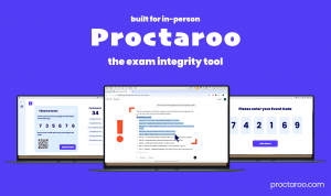 Promotional graphic for Proctaroo, an exam integrity tool designed for in-person testing. The image features three laptop screens: the left screen shows a "Finance Exam" setup page with a QR code and event code, the center screen highlights detection of A