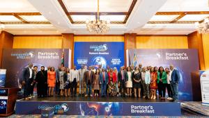 William Kabogo, Kenya’s Cabinet Secretary for Information, Communications, and the Digital Economy, poses for a group photo with government officials and industry leaders during the Connected Africa Summit 2025 Partners' Breakfast Meeting in Nairobi, Keny