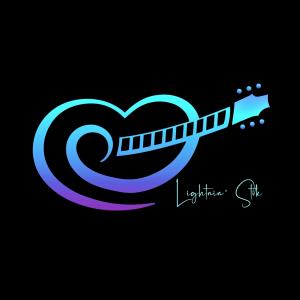 Label for Lightnin' Stik Productions showing a heart and guitar combined in a creative way that reflects a love for electric guitar rock n roll.way that c