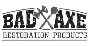 "Bad Axe Restoration Products logo with distressed black lettering and crossed axe and mace graphic, representing strength and reliability in professional restoration solutions."