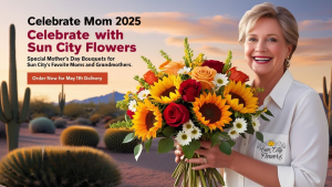 Sun City Flowers Mother's Day 2025 woman holding flowers next to Arizona desert