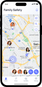 Mobile app interface displaying OtoZen’s Family Safety map view with live location pins for multiple family members in San Jose, CA, including options for zooming and settings navigation.