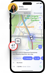 Mobile app screenshot showing Emily’s live drive on OtoZen with real-time speed tracking, current route, and speed limit alert while driving on US HWY.