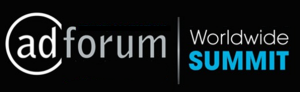 Black background with AdForum circle logo with Worldwide Summit text in grey and blue