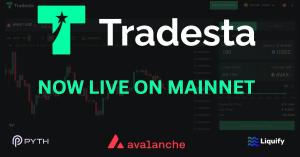 Large tradesta logo with the tradesta platform in the background and the Pyth and Avalanche logo