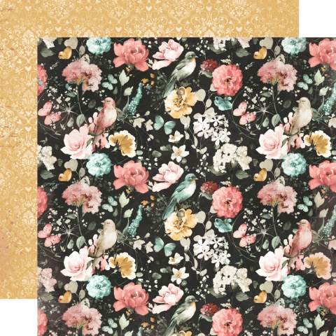 A soft and sweet 12x12 double-sided paper with vintage patterns and love-themed designs, perfect for memory keeping or craft projects.