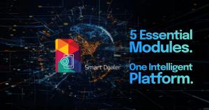 Smart Dealer platform visual with tagline '5 Modules. One Powerful Platform.' showcasing global telecom network and modular digital solution.