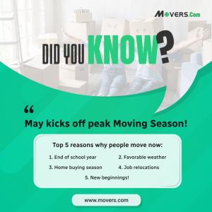 Person sitting on floor with boxes and smiling face drawings, text reads 'Did You Know? May kicks off peak Moving Season! Top 5 reasons why people move now: End of school year, Favorable weather, Home buying season, Job relocations, New beginnings