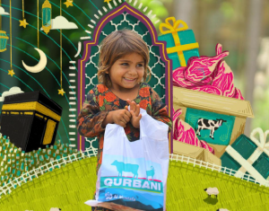 Smiling young girl holding a Qurbani meat bag from Al Mustafa Welfare Trust, standing in front of festive Eid-themed artwork with gifts.