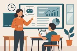 Illustration of a modern NOXE Smart Schools classroom showing a teacher guiding a student using an AI-powered digital interface with educational visuals, symbolizing personalized learning and emotional intelligence integration.