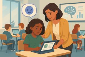 Illustration of a teacher offering emotional support to a sad student in a tech-enabled classroom, with a visible sad face icon, a tablet displaying data, and a background screen showing a brain graphic representing AI and emotional intelligence integrati