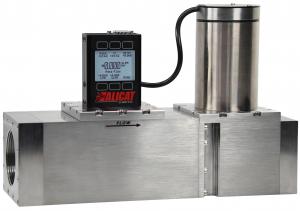 Alicat 12,000 standard liter per minute mass flow controller. LCD display screen backlit. A large electronic valve on the downstream of the flow direction