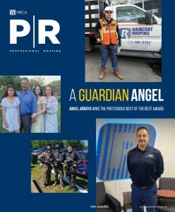 Cover of Professional Roofing magazine featuring Raincoat Roofing’s Angel Arroyo, recipient of the “Best of the Best” Award, with images of him at work, with family, and at team events. 4o