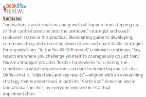 At the top is the blue and orange logo for "Booklife Reviews," with the orange lightning bolt indicating an "Editor's Pick." The copy shown in the excerpt is: "“Innovation, transformation, and growth all happen from stepping out of that control zone and i