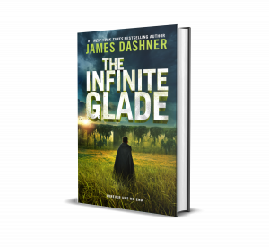 Book cover showing a maze wall and figure in front of it with the title THE INFINITE GLADE by James Dashner
