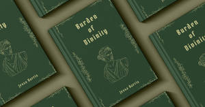Book cover for Burden of Divinity featuring a dark green background with gold line-art embellishments: a classical bust at center, delicate vine borders, and the title in Gothic-style type.   2/2