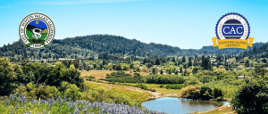 Scenic view of Scotts Valley, California featuring lush hills, a lake, and logos for the city and Certified Autism Center.