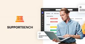 Person using Supportbench with overlay of AI-driven customer support tools including summaries, health scores, and SLA automations.