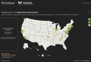  a map of the U.S. showing locations of reparations movement organizations and initiatives with colored dots