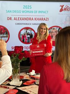 Dr. Alexandra Kharazi, MD, winning the American Heart Association's 2025 "Woman of Impact" award.