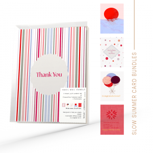 Flatlay of Glimmery Moments’ Slow Summer Snail Mail Bundle featuring a striped “Thank You” card box and four illustrated greeting cards for offline connection and seasonal gifting.