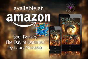 QR code and information about where to purchase Soul Ferriers: The Day of Darkness next to a smart phone and a tablet, each depicting the cover of the book: a giant menacing snake chasing a cat, a rat, and a Yorkshire Terrier