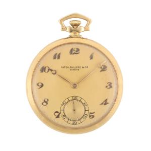 Patek Philippe 18K gold pocket watch, early-to-mid 20th century, the movement stamped with the Geneva Seal, the case is solid 18k gold, the chain is 14k gold. Estimate: CA$4,000-$6,000.