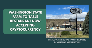 In image of a hexagonal building set against a hill in Washington State. In the foreground, a sign that reads "The Ranch" with "Burgers and Shakes" and "Farm Fresh Market" also posted. On a green background in white font, the words "Washington State Farm-