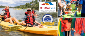 A group kayaking on a lake with a logo for Mesa, AZ Parks and Recreation, and images of children engaged in activities.
