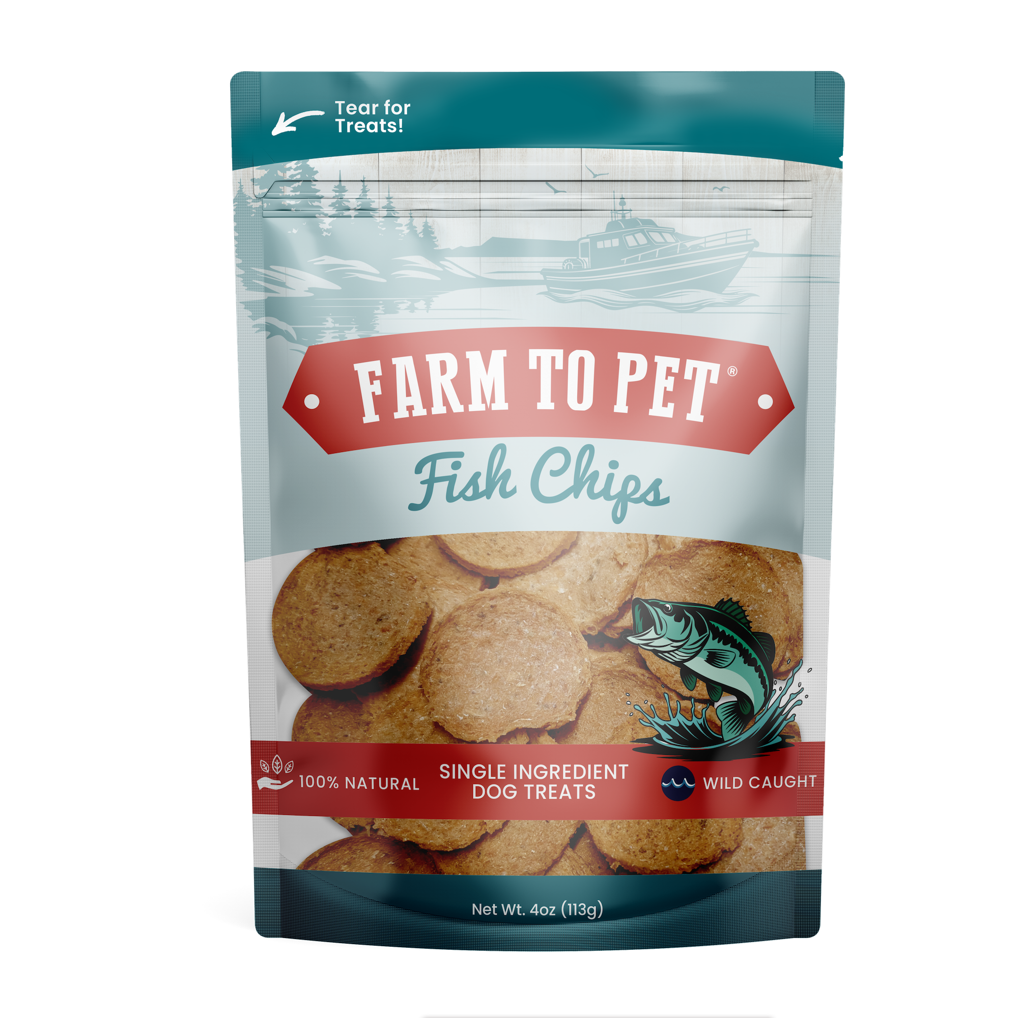 4 ounce bag of Farm to Pet Fish Chips