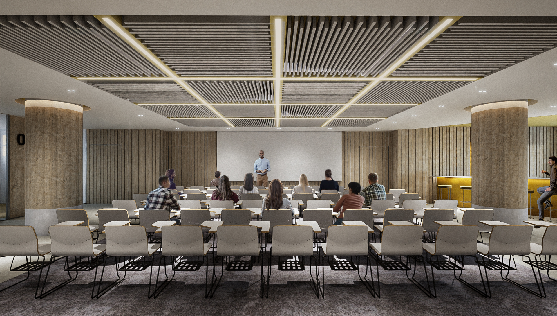 Interior of a modern, flexible meeting room in The Great Hall’s lower level, featuring adaptable furniture and soft lighting suited for various community functions.