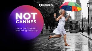 A woman in a white dress skips across the road in the rain, holding a colourful umbrella and a glass of wine with a red bus and Big Ben and the Houses of Parliament in the background.