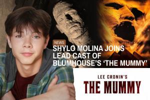 Promotional composite featuring actor Shylo Molina on the left, with imagery from classic and modern mummy films in the background. Text reads: “Shylo Molina Joins Lead Cast of Blumhouse’s ‘The Mummy’” and includes the film’s official title “Lee Cronin’s 