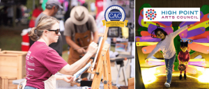 An artist paints on an easel at an outdoor event, while colorful decorations and playful activities are visible in the background.