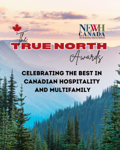 The True North Awards event logo and the NEWH Canada logo on a Canadian landscape of evergreen trees and mountains with a sunset