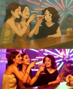 Before and after photo of 3 girlfriends having drinks.  Before is a photo.  After is anime.