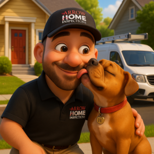 arrow home inspection caricature of owner doug man with black hata nd shirt and dog with collar and W tag