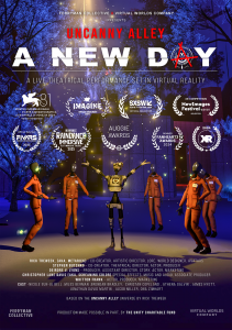 Poster for Uncanny Alley: A New Day, a live virtual reality theatre show. The image features animated characters in orange jumpsuits and a central robot figure set against a surreal, glowing nighttime environment. The poster highlights festival selections