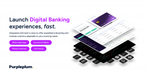 Purpleplum call-to-action banner showing integration layers and front-end application stack with the tagline "Launch digital banking experiences, fast."